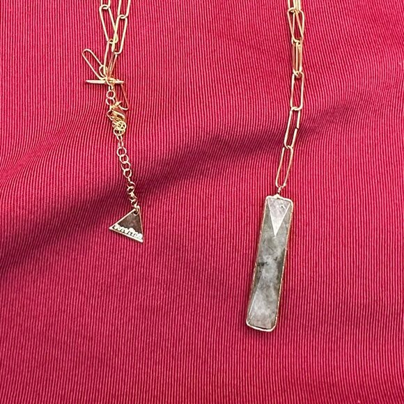 Serefina “Paper Clip” Chain & Light Green/Gray Stone Pendant Necklace - Picture 8 of 14